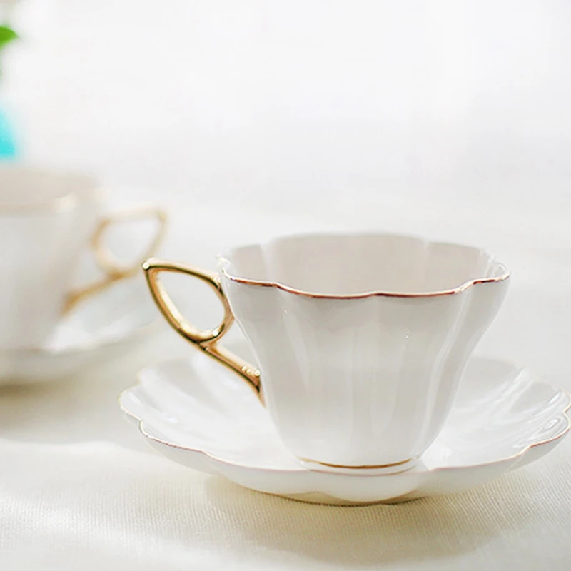 Elegant Flower Bone China Tea Cup Saucer Set Ceramic Tea Cup White