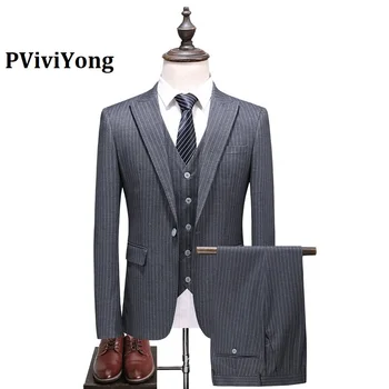

PViviYong brand 2020 high quality suit men Casual dress grey stripe Business Suit Three-piece (Jackets + Vest + Pants) 6144
