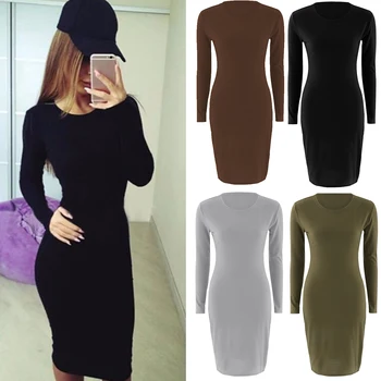 

2019 New Solid Long Sleeve Sexy Slim Bodycon Dress Autumn Winter Women Streetwear Home Daily Shopping Dresses Party Outfits