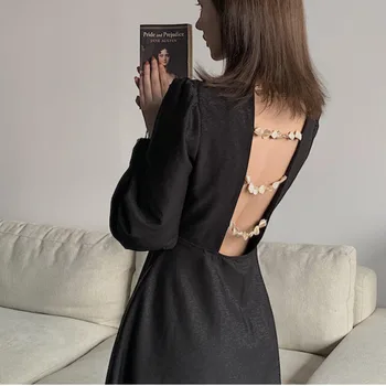 

WOMENGAGA Women Dress Beadin Hollow Out Sexy Black Dresses Long Sleeve V-Neck Vintage Long Dresses Women New Fashion Sexy XX243