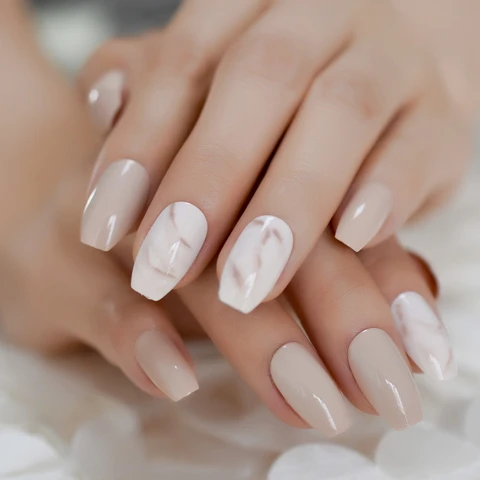 Nude Color Press On Nails Marble White Artificial False Nails Square Short Glossy Pattern Tips with Glue Sticker