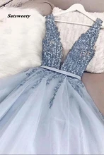 2020 A Line V Neck Plunging Neck Powder Blue V Back Prom Dress with Beading Evening Dress sweet plunging neck lace spliced cross back midi dress for women