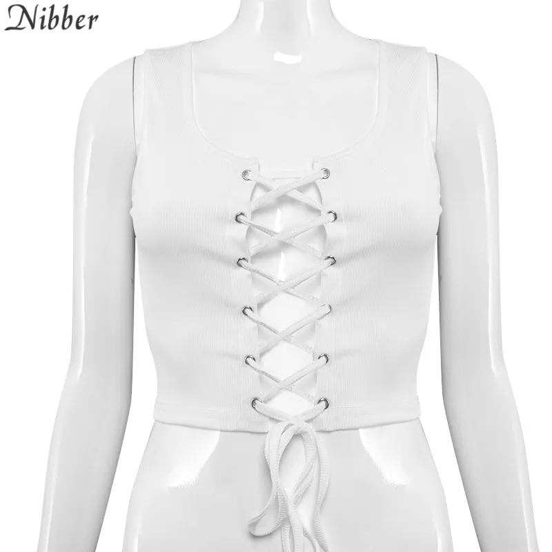 Nibber simple Hollow out lace up Ribbing tshirt for woman fall Korean casual pure high streetwear sexy Low cut bodycon crop top