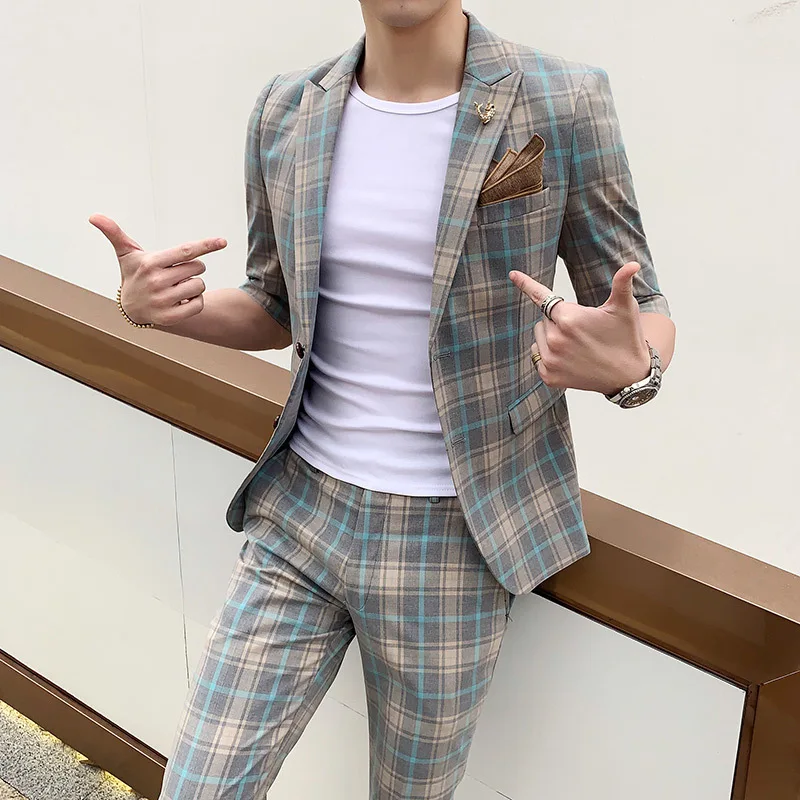 

2020 Sleeves Korean Version Of The Self-cultivation Two Buckles Seven-point Sleeves Suit Suit Men's Business Casual Plaid Suit