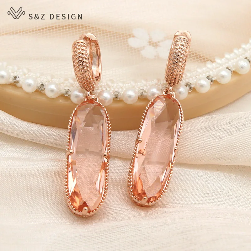 S&Z DESIGN New Elegant Large Oval Egg Shape Rose Gold Color Dangle Earrings For Women Wedding Jewelry Fashion Gift