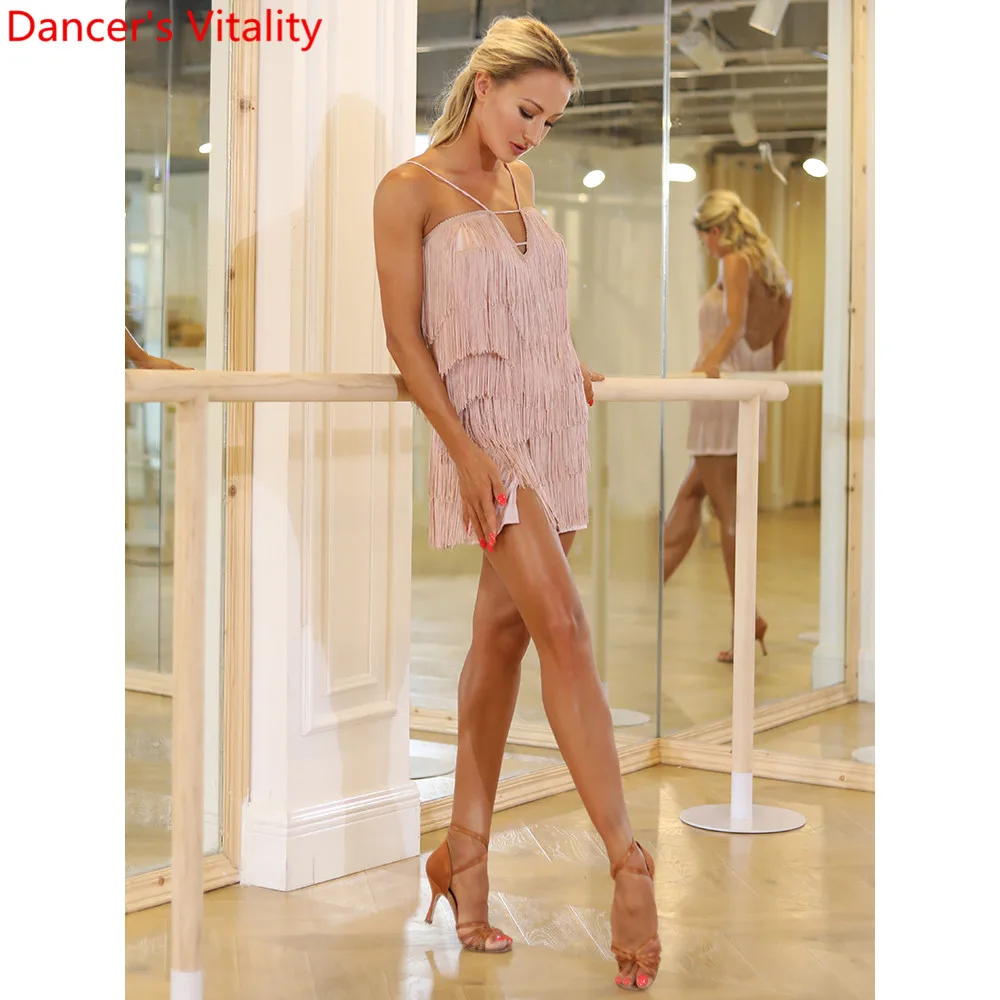 

Latin Dance Practice Clothes Sexy Backless Tassel Short Dress with Chest Pad Rumba Samba Tango Quickstep Dancing Stage Wear