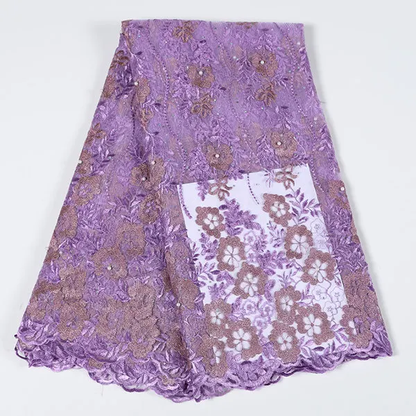 light purple Из полиэстра расшитый бисером африканские ткани с сетчатыми кружевами в нигерийском стиле цветок вышивка вуаль кружева ткань для африканская Свадебная вечеринка - Цвет: light purple