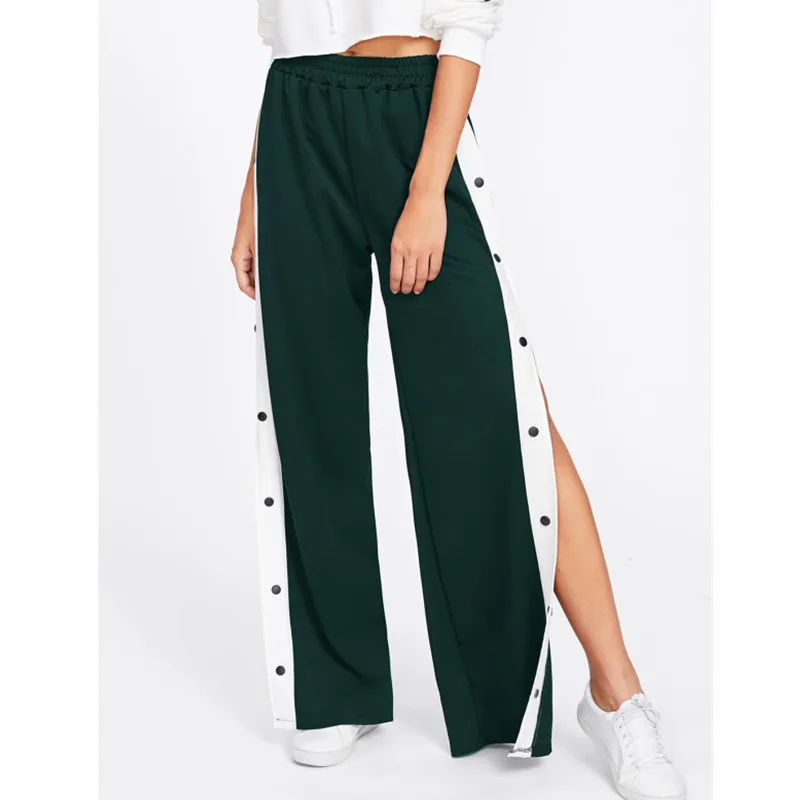 Black Colorblock Contrast Snap Button Side Pants Casual High Waist Crop Trousers Women Autumn Stretchy Athleisure Pants