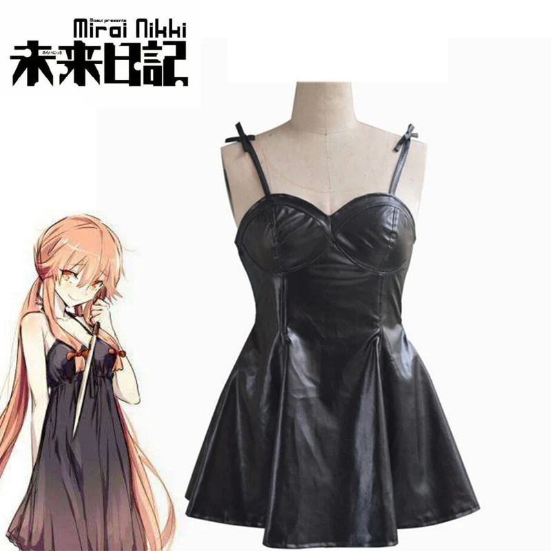 

2020Anime The Future Diary Gasai Yuno Black PU Leather Fancy Dress Cosplay Costume Mirai Nikki Braces Skirt Performance Costumes