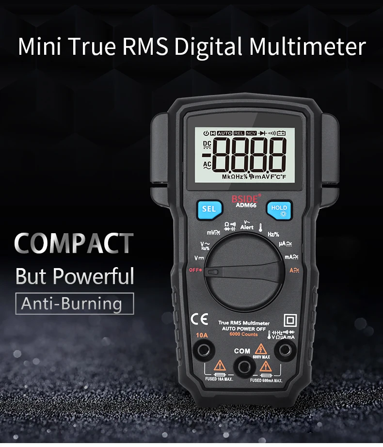 Мини цифровой мультиметр BSIDE ADM66 62 Автоматический диапазон True DC/AC Напряжение Ток Температура Емкость диод тестер