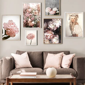 

Girl Abstract Pink Peony Chrysanthemum Nordic Posters And Prints Wall Art Canvas Painting Wall Pictures For Living Room Decor
