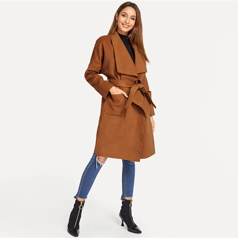 Sheinside, коричневое повседневное пальто с воротником-водопадом для женщин, осень, с карманами, с поясом, верхняя одежда для девушек, минималистичное Пальто с отделкой