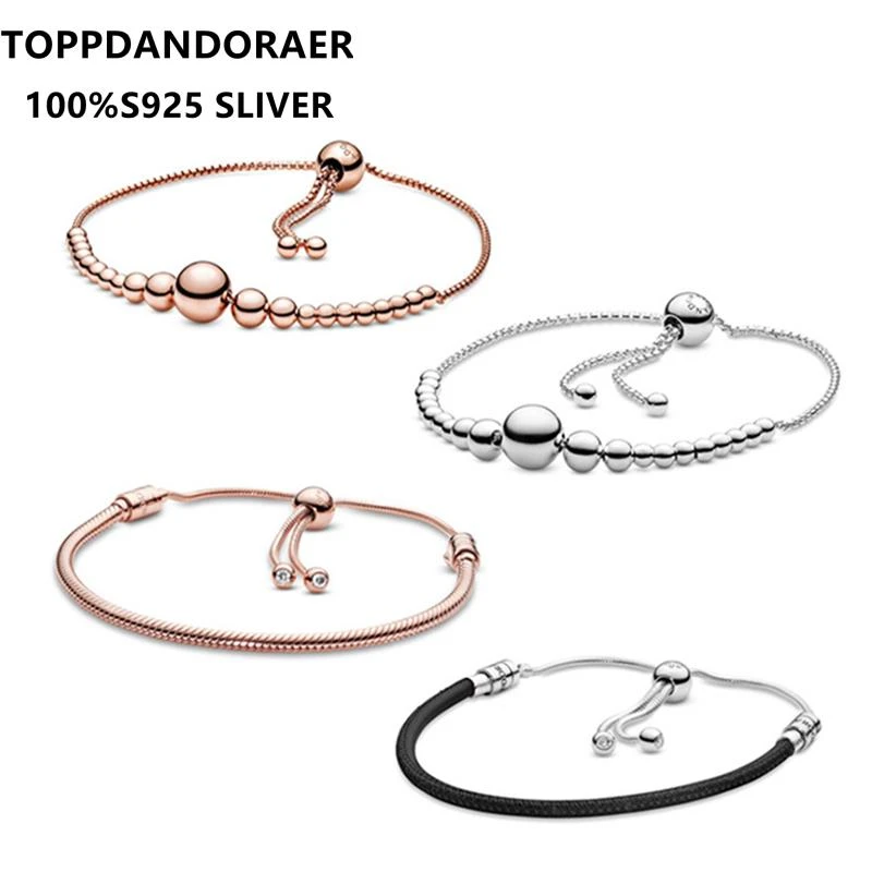 Top Pandoraer Snake Bone Ball Adjustable Bracelet Female Round Sliding Buckle S925 Sterling Silver Charm Bangle DIY Basic Chain jewelry