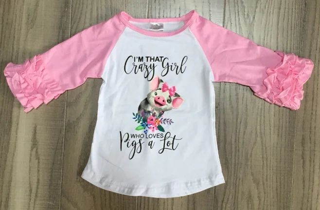 baby pink pig Осенне-зимние хлопковые футболки для маленьких девочек с рукавами-леденцами детская одежда raglans mommy& me, mint, pink, pig, леопардовая расцветка, корова - Цвет: baby pink pig