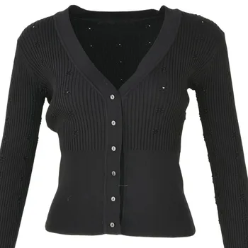 

Spring Autumn Women Black Knitted Sweater Long Sleeve V Neck Floral Embroidery Knitwear Cardigan