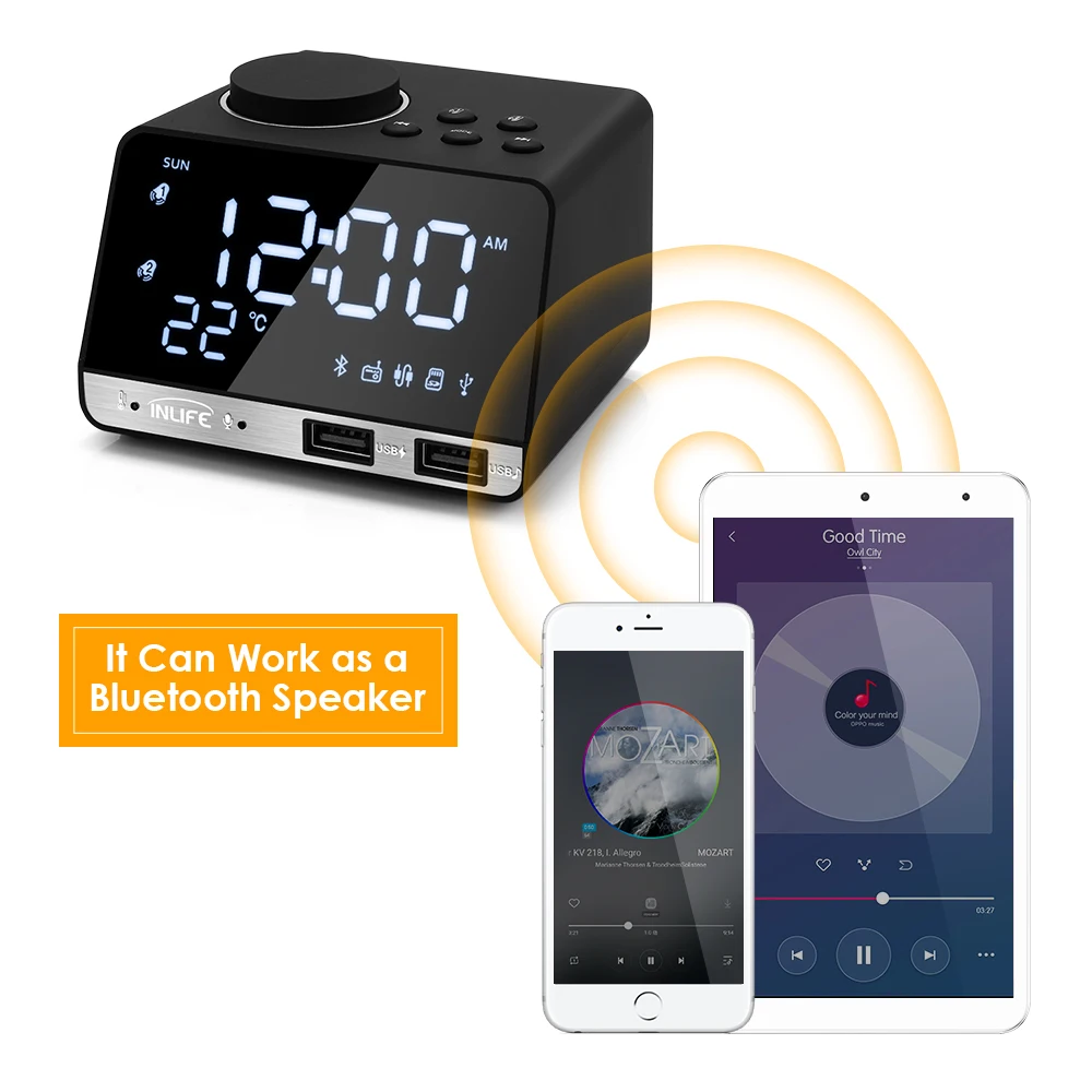 

Digital Alarm Clock Radio Bluetooth Alarm Clock Speaker Temperature 2 USB Ports LED Display Home Decoration Snooze Table Clock