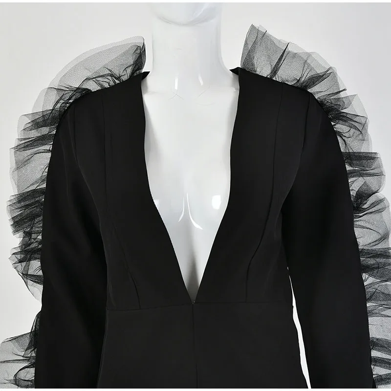 SRDP Unique Lace Feathers Mesh Sexy Blazer Coat Women Night Club Party Ruffle Blazer Suits Festival Fashion High Street Clothing