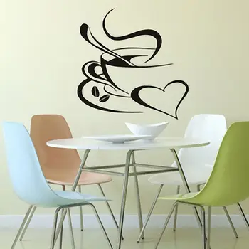 1pair Kitchen Wall Stickers Coffee Cup with Heart Sticker For Cafe Oven Dining Hall DIY Vinyl Adhesive Wall Art Decoration Decal