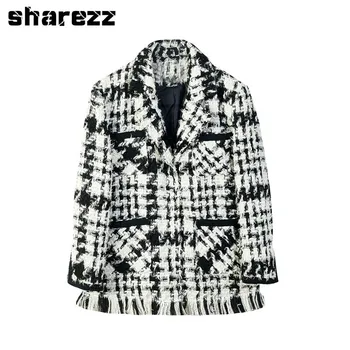 

2020 spring Autumn Design rough tweed loose fit coat women Plaid Tweed Tassels Elegant Jacket New Lapel Long Sleeve Fashion Tide