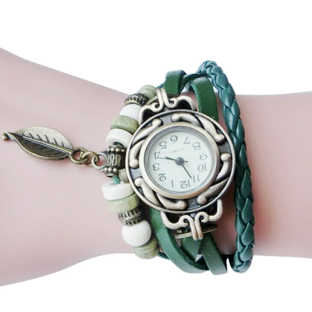 RGW женские и детские ретро кожаные намотки лист для браслета кулон часы - Цвет: C