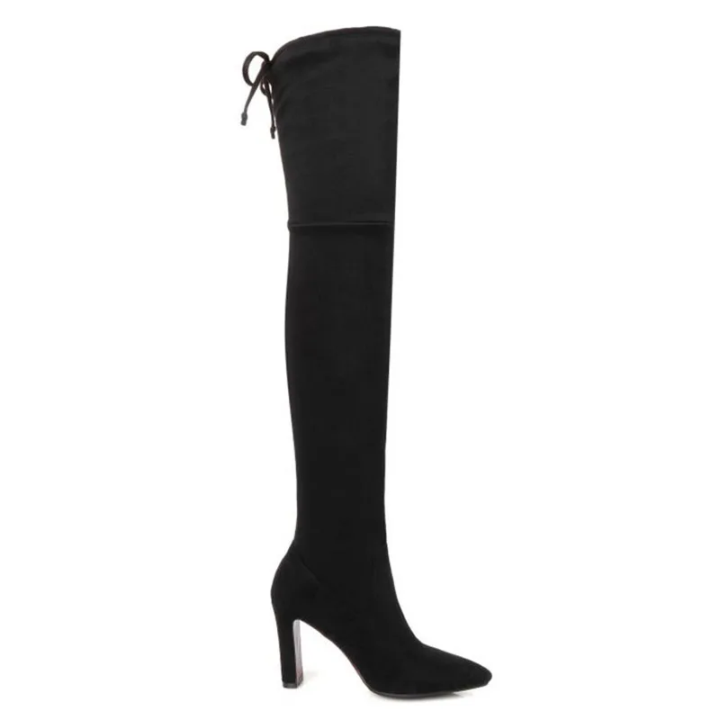 KemeKiss Size 32-46 Winter Thigh High Boots Women Lace Up Sexy Pointed Toe Add Fur Warm Stretch Shoes Women Sexy High Heel Boots