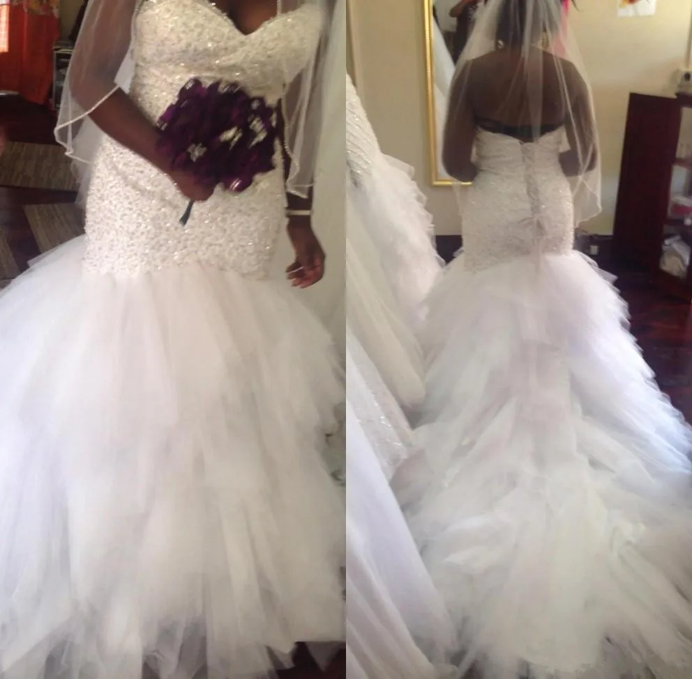 

2020 African Plus Size Mermaid Wedding Dresses Lace Appliques Beadding Sweetheart Corset Tiered Tulle Long train Bridal Gowns