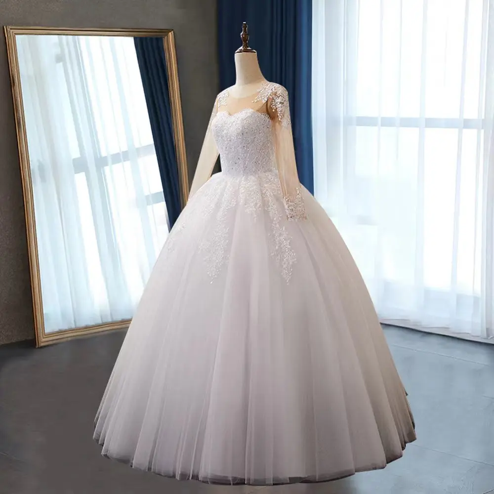 Fansmile 2022 Skin Long Sleeve Vestido De Noiva Lace Gowns Wedding Dresses Custom-made Plus Size Bridal Tulle Mariage FSM-538F bridal shower dress