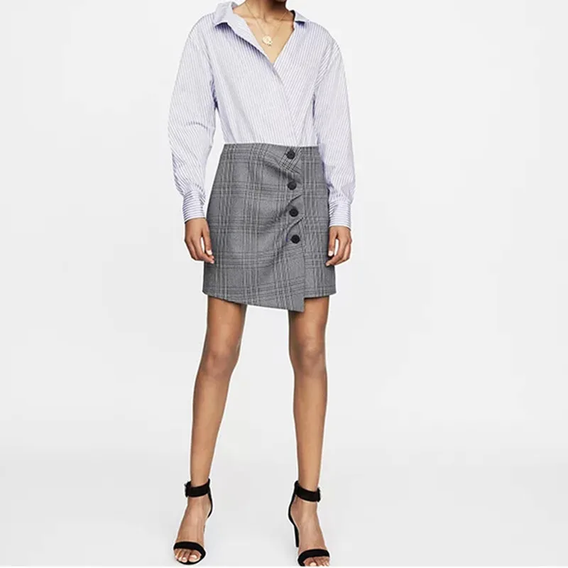 

New Autumn Winter office style slim Women knee-length dress patchwork plaid shirt irregular high waist with buttons dress