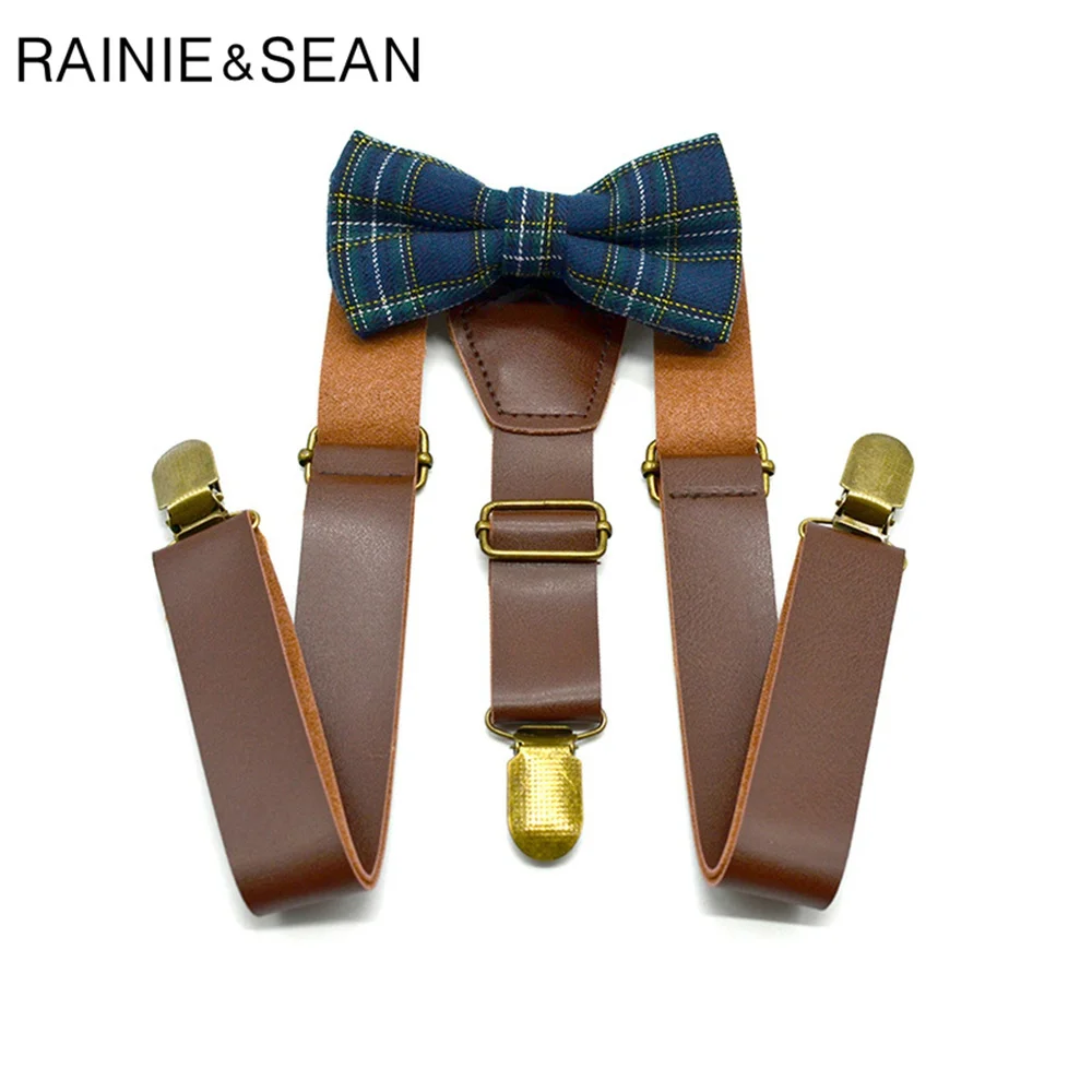 Renie SEAN/кожаные подтяжки; Детские коричневые подтяжки; ремень для мальчиков и девочек; регулируемые 3 зажима; модный галстук-бабочка и подтяжки; Комплект унисекс