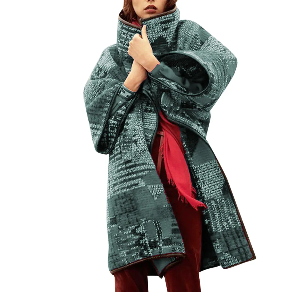 KANCOOLD, модный длинный женский кардиган, мода, Harajuku, свободный, большой размер, с отворотом, с принтом, шерстяной кардиган, куртка, пальто большого размера - Цвет: Зеленый