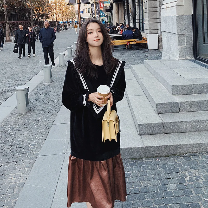 

Photo Shoot 2020 Spring New Style Korean-style Loose-Fit Joint Mock Two-Piece Long-sleeved Sweater Dress Women's Mid-length Skir