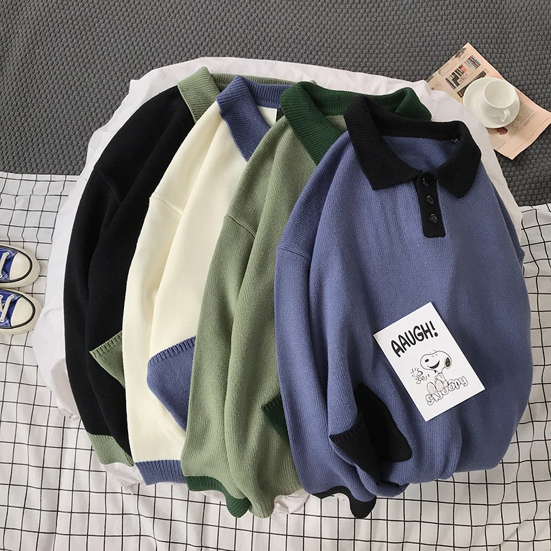 Autumn Polo Sweater Men Warm Fashion Contrast Casual Lapel Knit Sweter Man Clothes Streetwear Loose Long Sleeve Pullover Men Autumn Polo Sweater Men Warm Fashion Contrast Casual Lapel Knit Sweter Man Clothes Streetwear Loose Long Sleeve Pullover Men