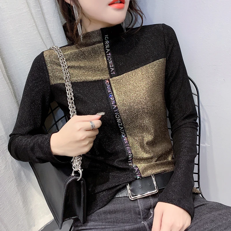Gold tshirt Европейская одежда, Лоскутная блестящая женская футболка, новинка, Осень-зима, цветные блокирующие топы, ropa mujer, джемпер, футболки T9N807 - Цвет: Gold tshirt