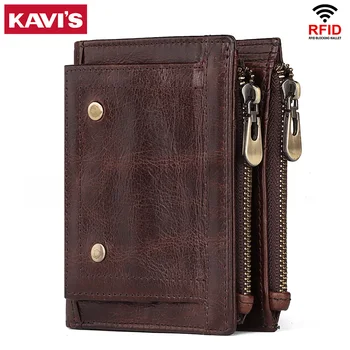 

KAVIS RFID Wallets Men Brand Genuine Leather Short Wallet Small Money Bag Male Purses With Card Holder and tow Coin Pocket Bags
