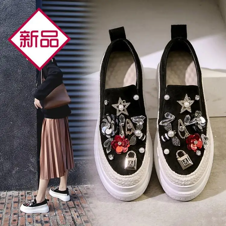 

Genuine Leather Loafers 2019 New Style Slip-on Versatile Loafers WOMEN'S Shoes Man-made Diamond Flower Thick Bottomed Platform S