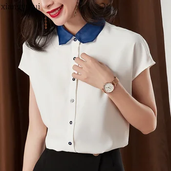 

Temperament Fashion White Chiffon Blouses Female Woman OL Shirt Casual Summer Turn-down Collar Blouse Red Loose Tops for Ladies