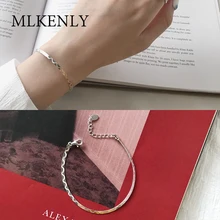 MLKENLY Стерлинговое Серебро, Классический тренд, модная простая индивидуальная кривая рябь, плоская цепочка из змеиных костей, браслет, ювелирное изделие для женщин