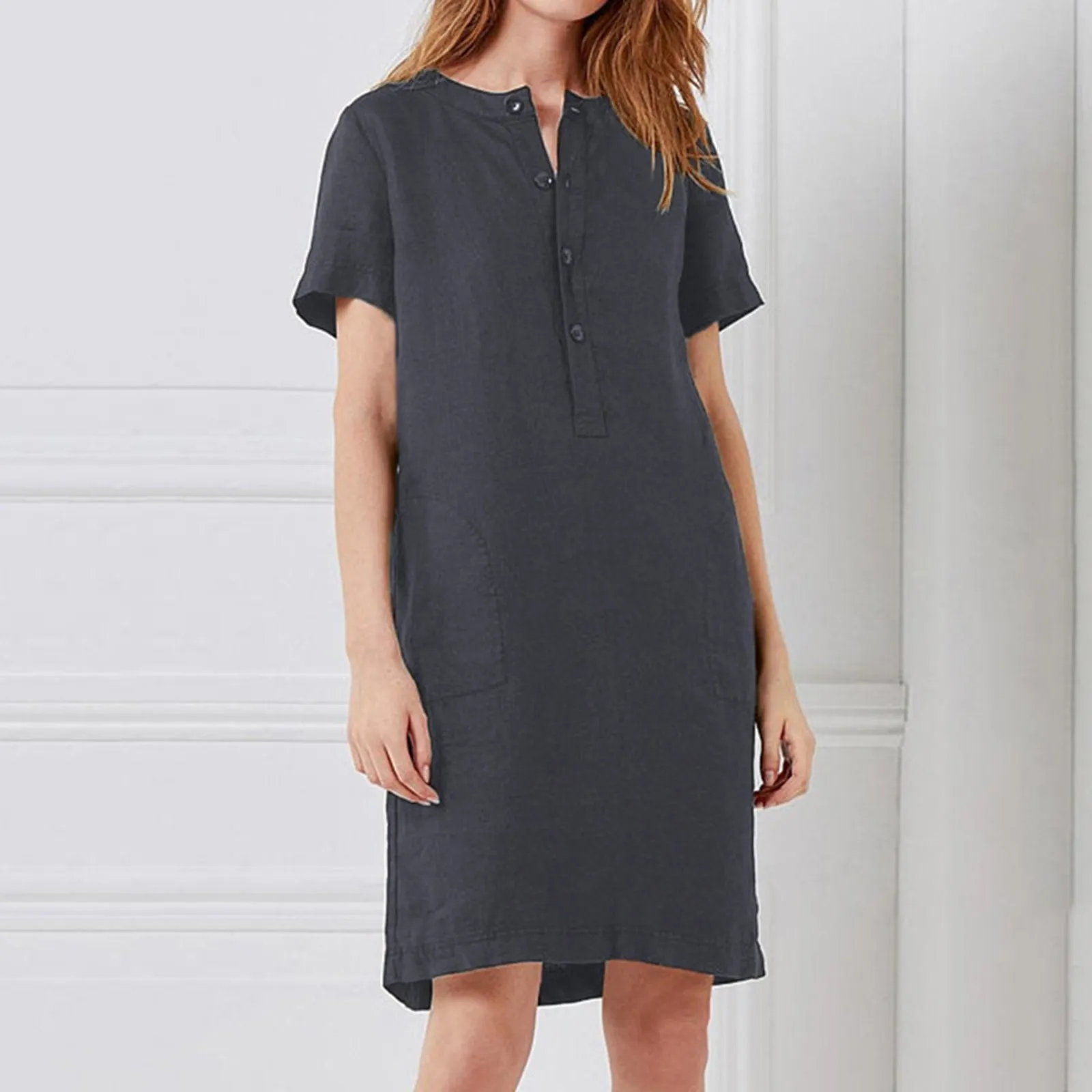 Mooie Zomer Vrouwen Shirt Jurk V-hals Casual Korte Mouw Katoen Linnen Jurk Losse Solid Button Midi Jurk