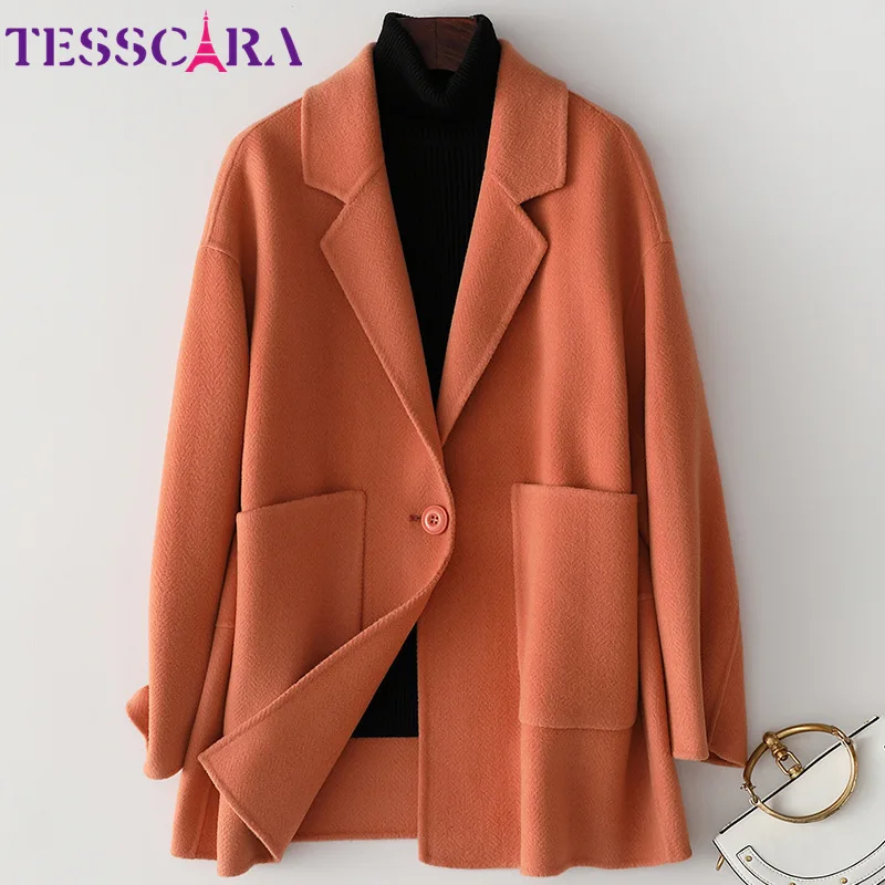 Orange TESSCARA Женская осенне-зимняя Шерстяная Смесь простая куртка-пальто женский высококачественный офисный кашемировый Блейзер Куртки Верхняя одежда и пальто - Цвет: Orange