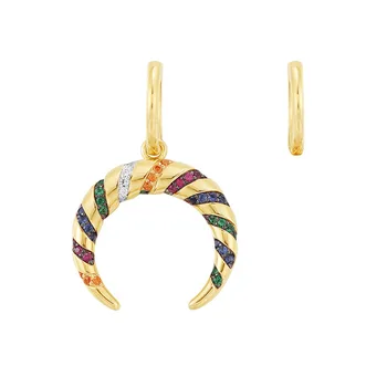 

Pure 925 Sterling Silver Yellow Gold Color Asymmetric Multicolor Zircon Stripes Moon Crescent Tribal Earrings with Hoop forWomen