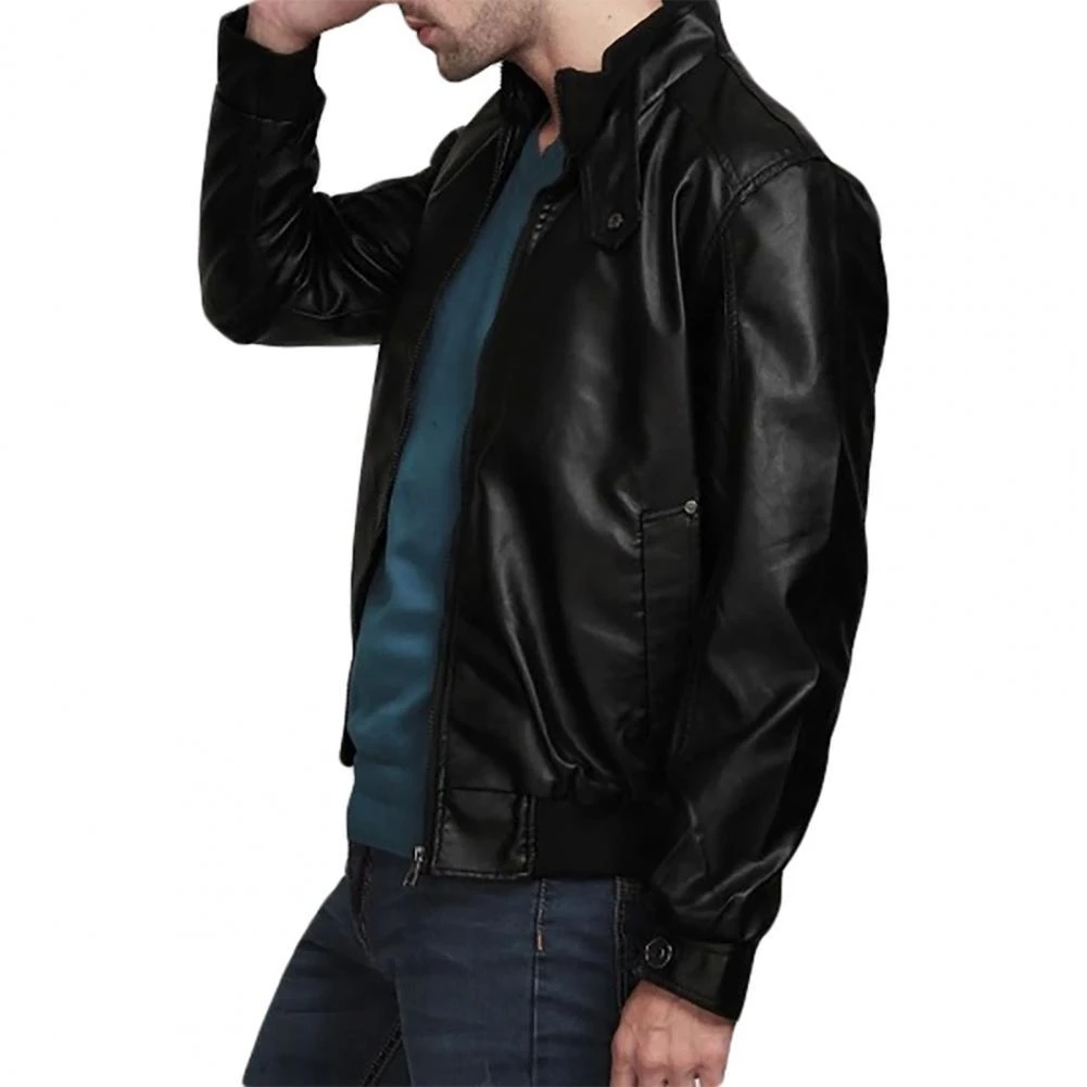 de cuello levantado cierre de cremallera para hombre, prendas de vestir de cuero imitación, Color sólido, ajustada, para motocicleta| Chaquetas| - AliExpress