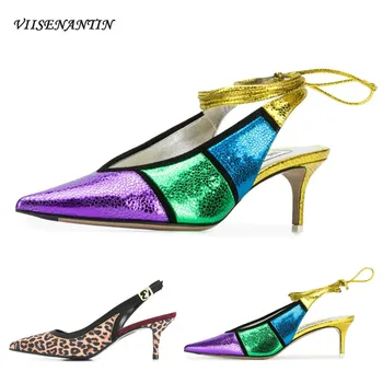 

Ankle Strap Customized Spring Summer Leopard Print Color Block Pointed Toe Shallow Sexy new Stiletto Sandals Fashion Shoes Women