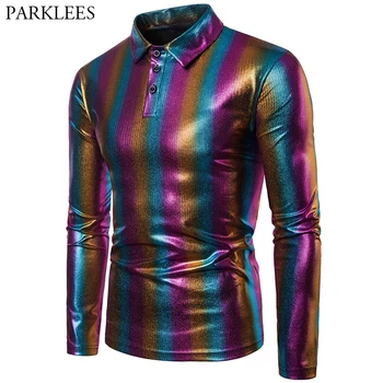 

Shiny Rainbow Stripe Men Polo Shirt Fashion Glossy Nightclub Men Clothing Casual Slim Fit Polo Shirts Men Party Stage Male Homme
