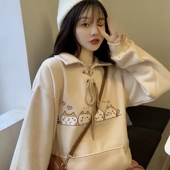 

Hoodie Jumpe Womens Fashion Korean Tops Female Casual Sweatshirt Autumn Long Sleeve Cat Cute Oversize Chic Streetwear
