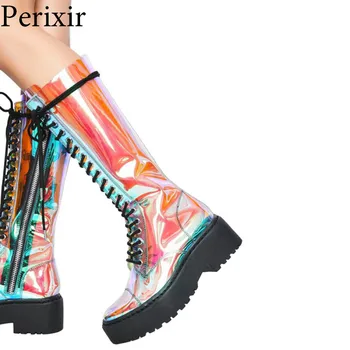 

2019 Spring Autumn Boot Women's Colorful Transparent Knee High Long Boots Platform Heel Lace Up Booties Sexy Combat Party Shoes