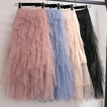 

Elastic High Waist Long Tulle Skirt Women Irregular Hem Mesh Pleated Tutu Skirt Spring Summer Party Skirt Ladies Cute Pink