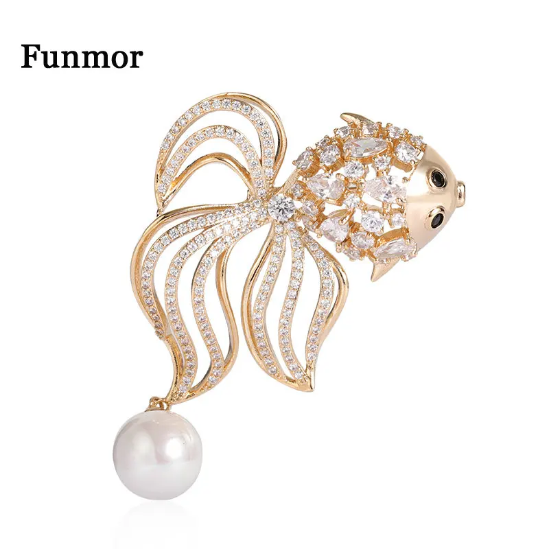 Funmor Роскошная золотая рыбка Медная брошь с цирконием жемчужные булавки