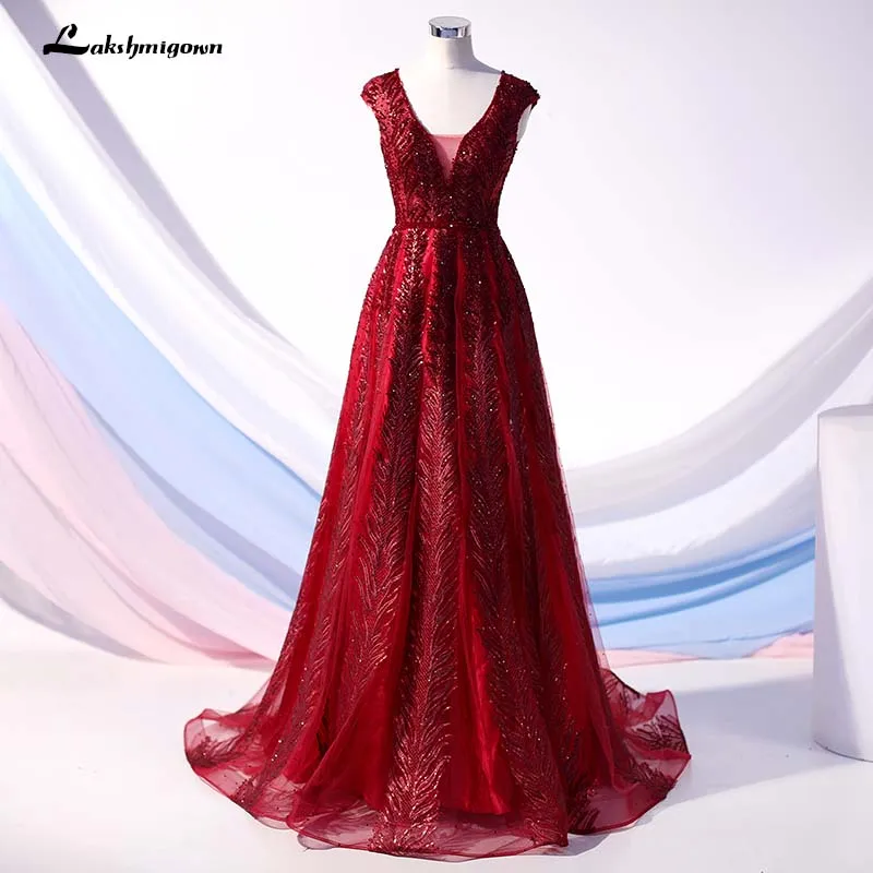 picture color Lakshmigown бордовое длинное вечернее платье с v-образным вырезом из тюля с кристаллами из бисера Вечернее платье с пайетками ТРАПЕЦИЕВИДНОЕ вечернее платье vestido longo - Цвет: picture color