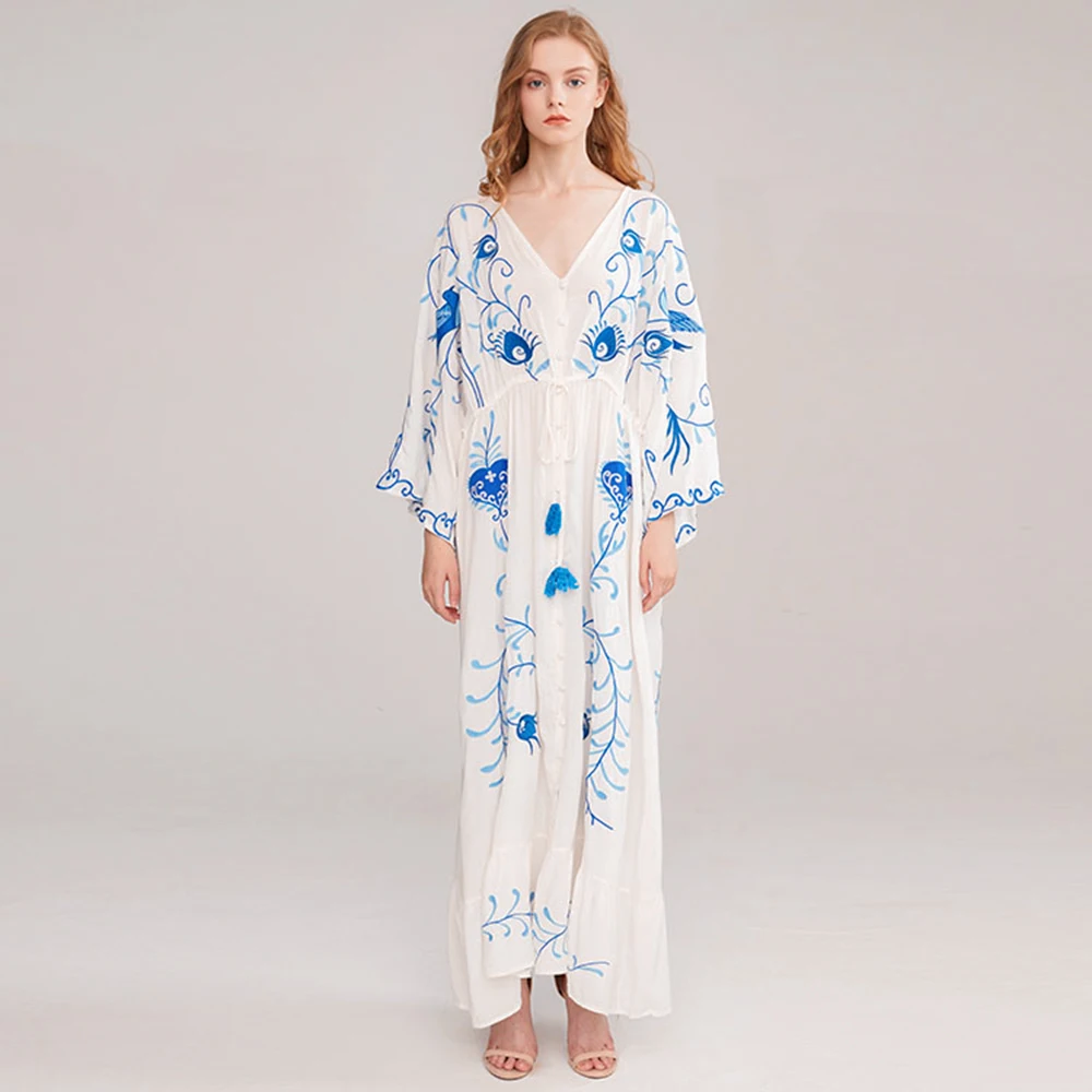 Boho свободное Макси платье с вышивкой и v-образным вырезом, винтажное платье с длинным рукавом и кисточками, осенняя пляжная повседневная одежда, длинные женские платья - Цвет: Белый