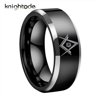 

8mm Tungsten Rings Engraved Masonic For Men Women Black Tungsten Carbide Ring Silvery Bevel Edges Polished Finish